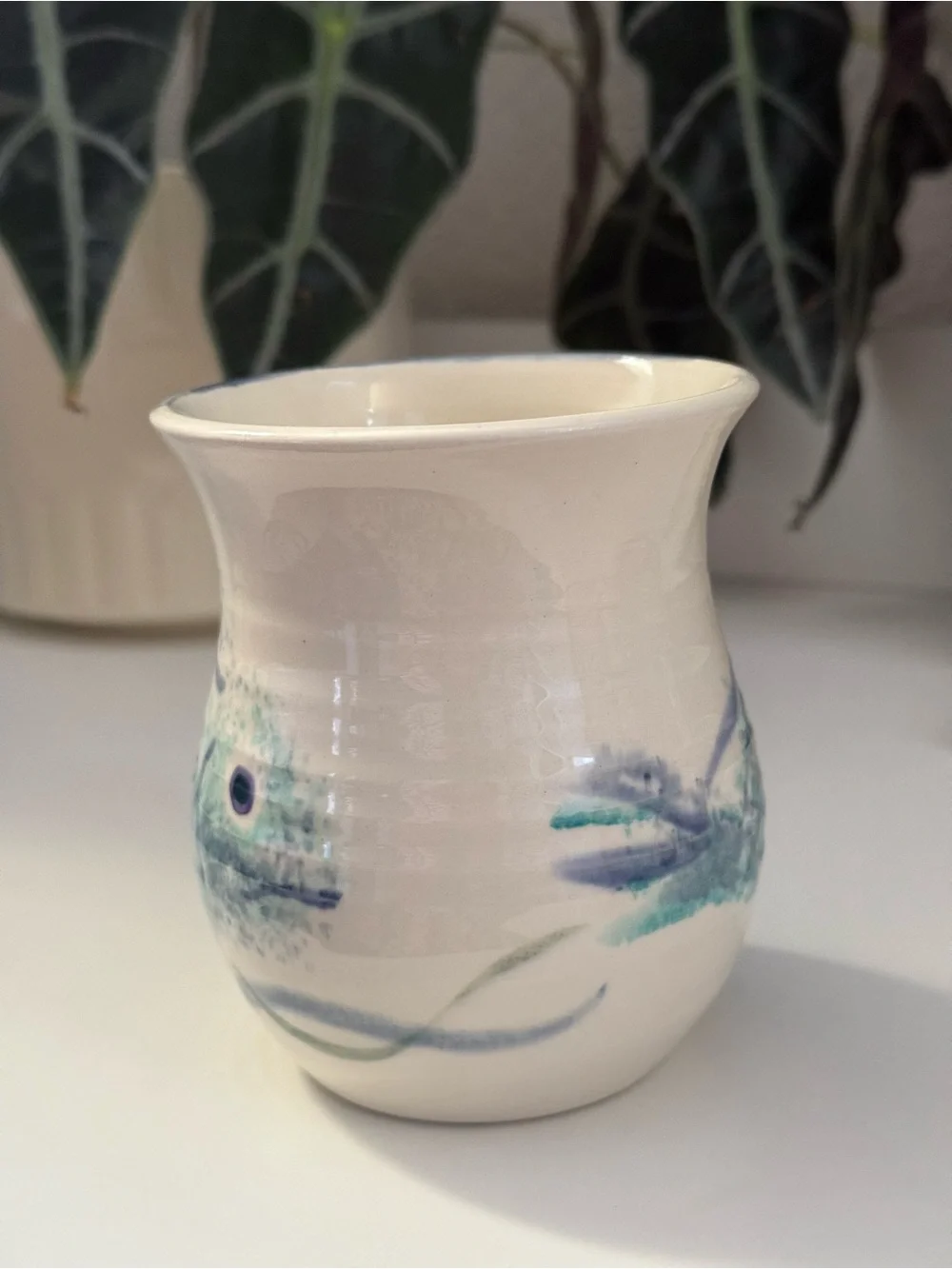 Hand-Painted Studio Pottery Fish Vase in Cream and Blue